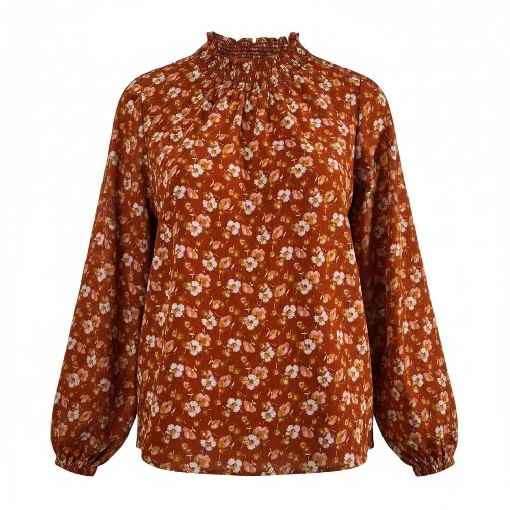 J Crew Rust Orange Floral Smocked High Neck Long Sleeve Lined Blouse Top